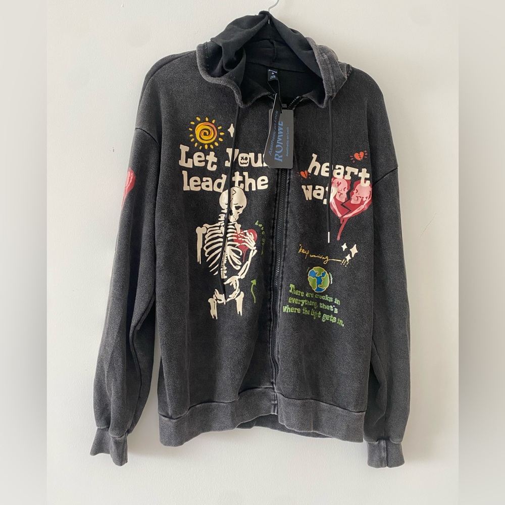 ROMWE Soft Lightweight Dark Gray Graphic Hoodie‎ size S